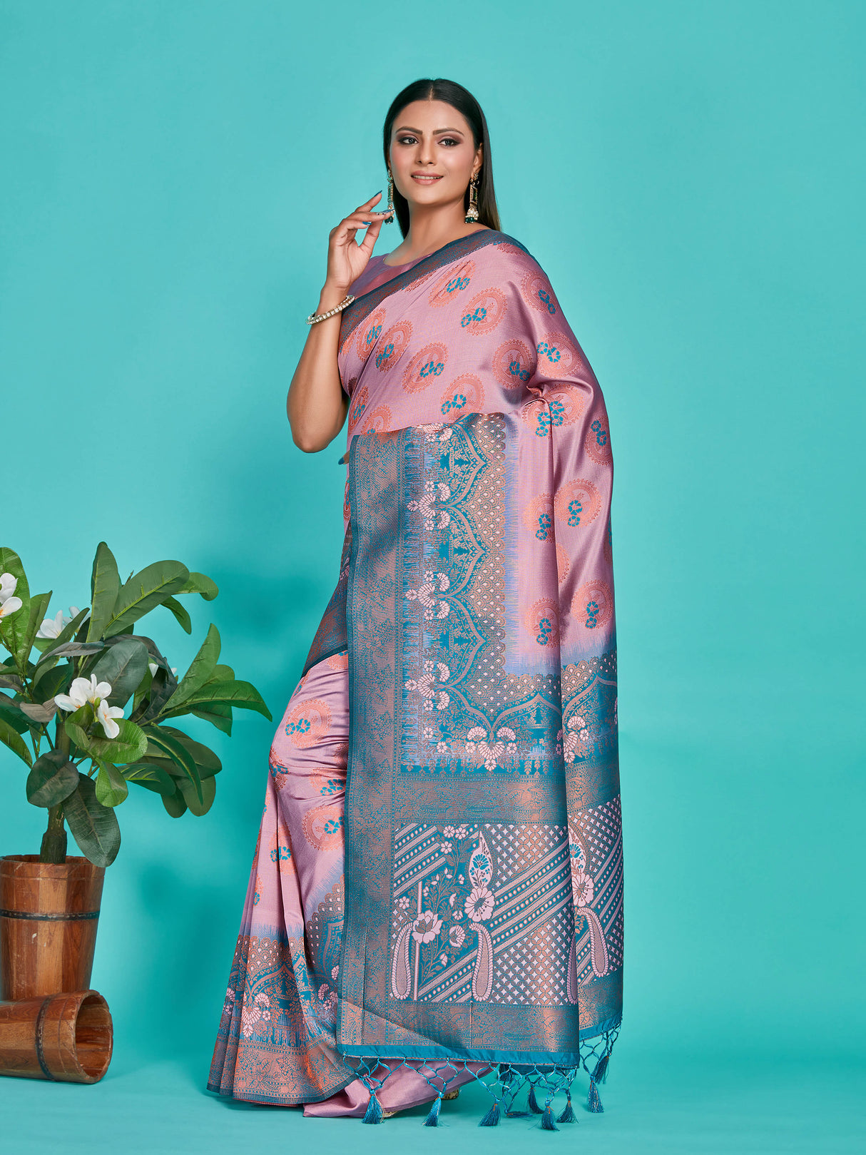 Mimosa Women's Woven Design Kanjivaram Art Silk Saree With Blouse Piece : SA00001295PNKFREE