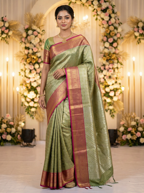 MIMOSA Women's Woven Design Kanjivaram Style Art Silk Saree with Blouse Piece - Green (SA00001522GRNFREE)