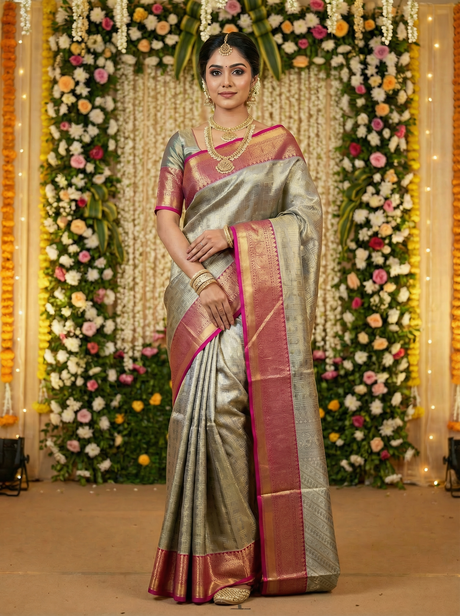 MIMOSA Women's Woven Design Kanjivaram Style Art Silk Saree with Blouse Piece - Navy Blue (SA00001522NVFREE)