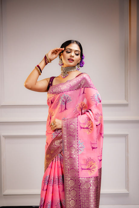 Mimosa Women's Woven Design Banarasi Style Art Silk Saree With Blouse Piece : SA00001580PNKFREE