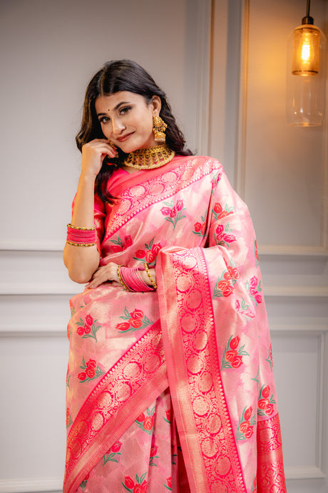 Mimosa Women's Woven Design Banarasi Style Art Silk Saree With Blouse Piece : SA00001606PNKFREE