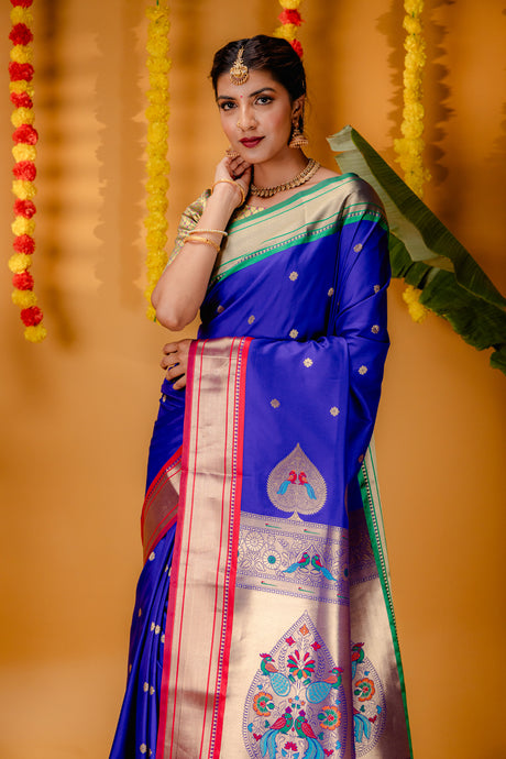 Mimosa Women's Woven Design Paithani Style Art Silk Saree With Blouse Piece : SA00001695BLUFREE