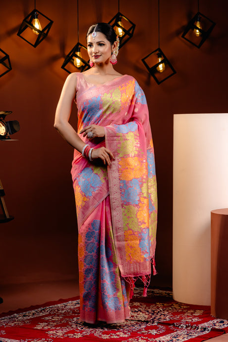 Mimosa Women's Woven Design Banarasi Style Art Silk Saree With Blouse Piece : SA00001730PNKFREE