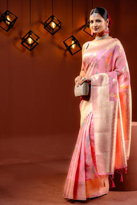 Mimosa Women's Woven Design Banarasi Style Art Silk Saree With Blouse Piece : SA00001769PNKFREE