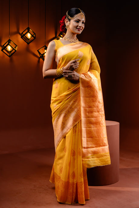Mimosa Women's Woven Design Banarasi Style Art Silk Saree With Blouse Piece : SA00001774GDFREE