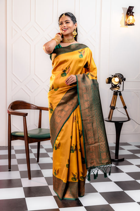 Mimosa Women's Woven Design Kanjivaram Style Art Silk Saree With Blouse Piece : SA00001778YLWFREE