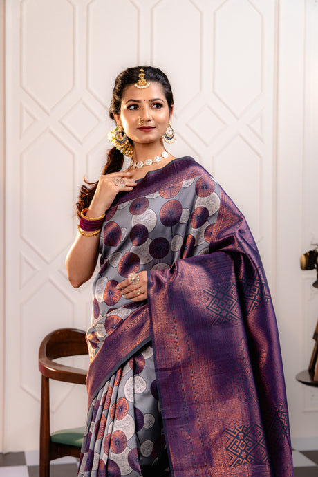 Mimosa Women's Woven Design Kanjivaram Style Art Silk Saree With Blouse Piece : SA00001789GYFREE