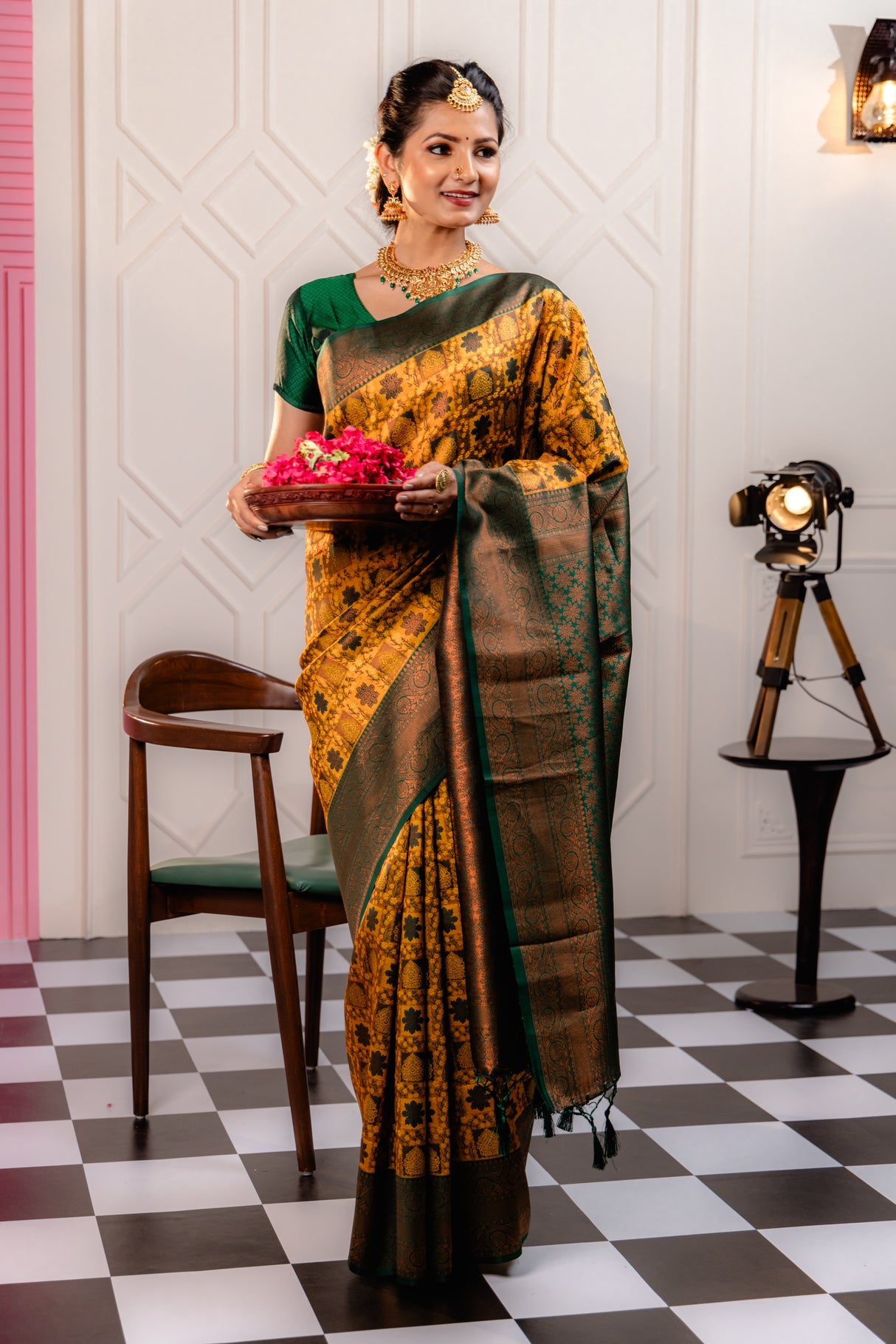 Mimosa Women's Woven Design Kanjivaram Style Art Silk Saree With Blouse Piece : SA00001791YLWFREE