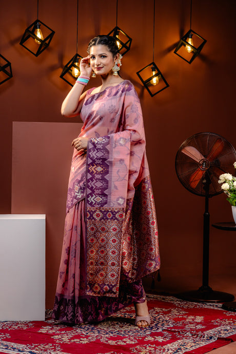 Mimosa Women's Woven Design ikat Style Art Silk Saree With Blouse Piece : SA00001793PNKFREE