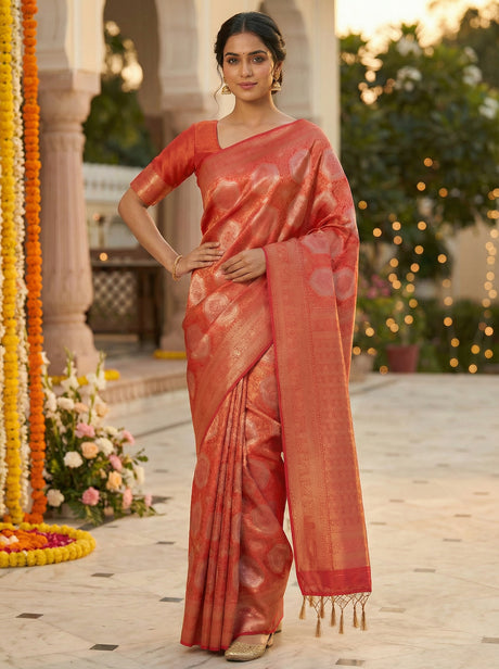 MIMOSA Women's Woven Design Kanjivaram Style Art Silk  Saree with Blouse Piece - Gajjari ( SA00002246GJFREE )
