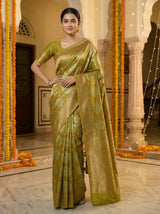 MIMOSA Women's Woven Design Kanjivaram Style Art Silk  Saree with Blouse Piece - Olive ( SA00002246OLFREE )
