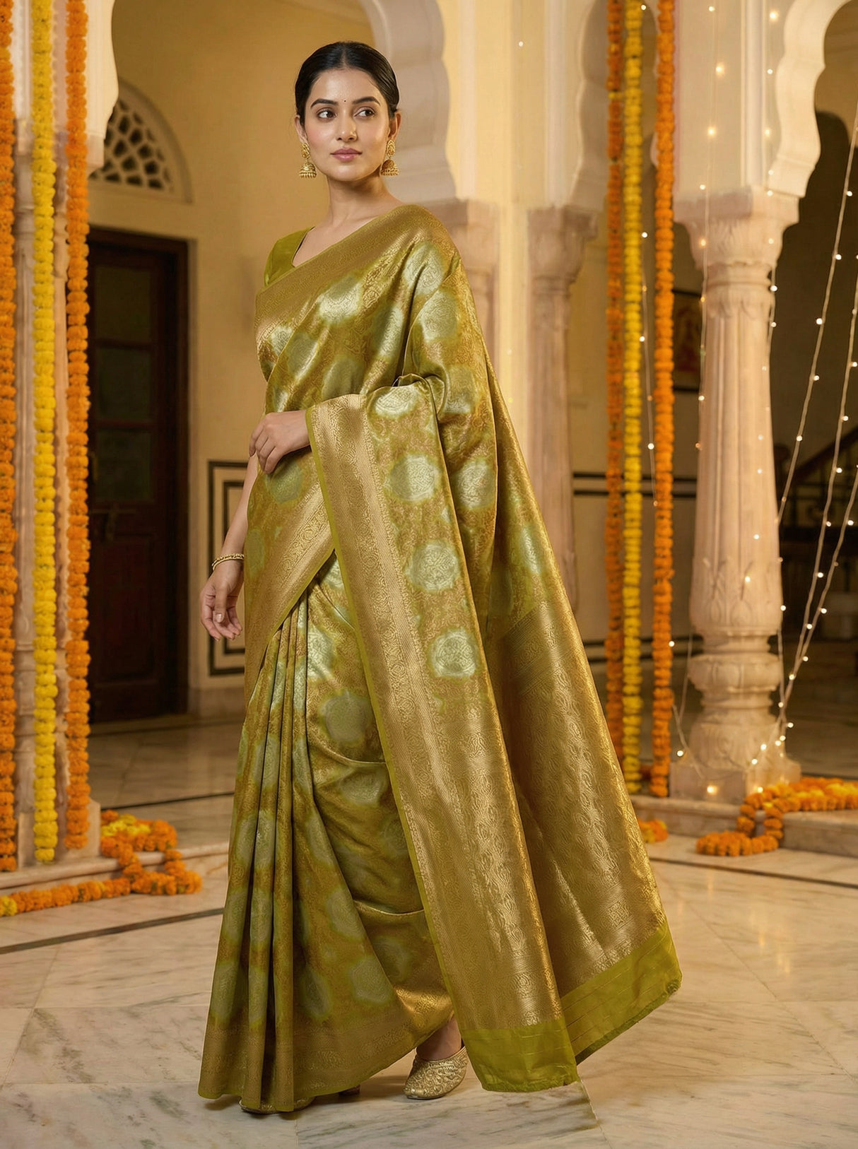 MIMOSA Women's Woven Design Kanjivaram Style Art Silk  Saree with Blouse Piece - Olive ( SA00002246OLFREE )