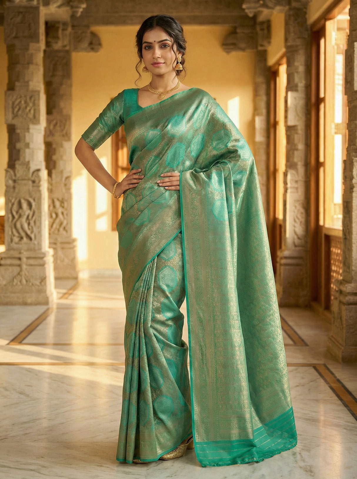 MIMOSA Women's Woven Design Kanjivaram Style Art Silk  Saree with Blouse Piece - Rama ( SA00002246RMFREE )