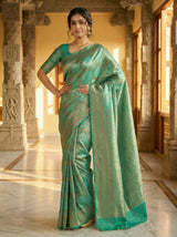 MIMOSA Women's Woven Design Kanjivaram Style Art Silk  Saree with Blouse Piece - Rama ( SA00002246RMFREE )