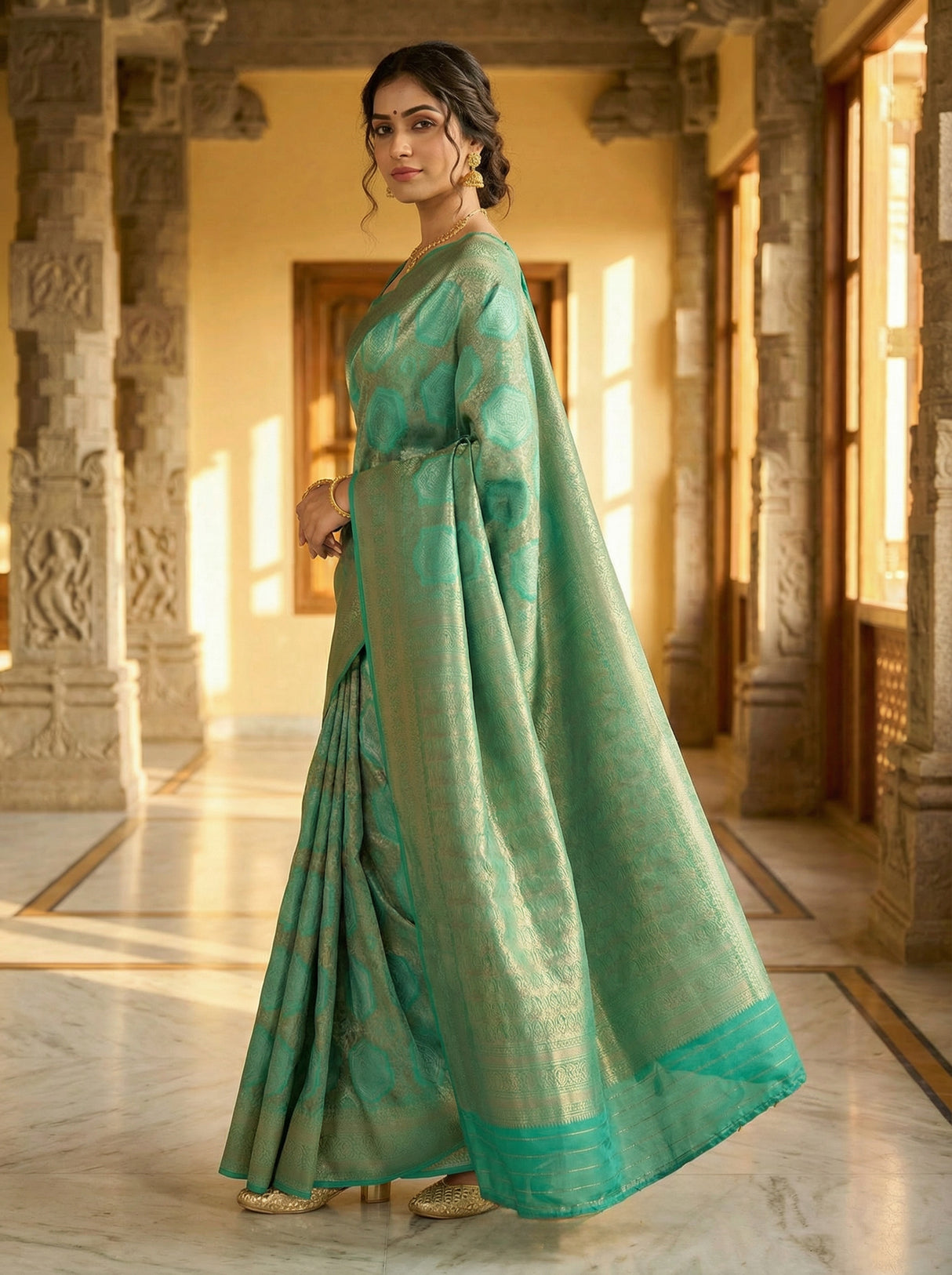 MIMOSA Women's Woven Design Kanjivaram Style Art Silk  Saree with Blouse Piece - Rama ( SA00002246RMFREE )