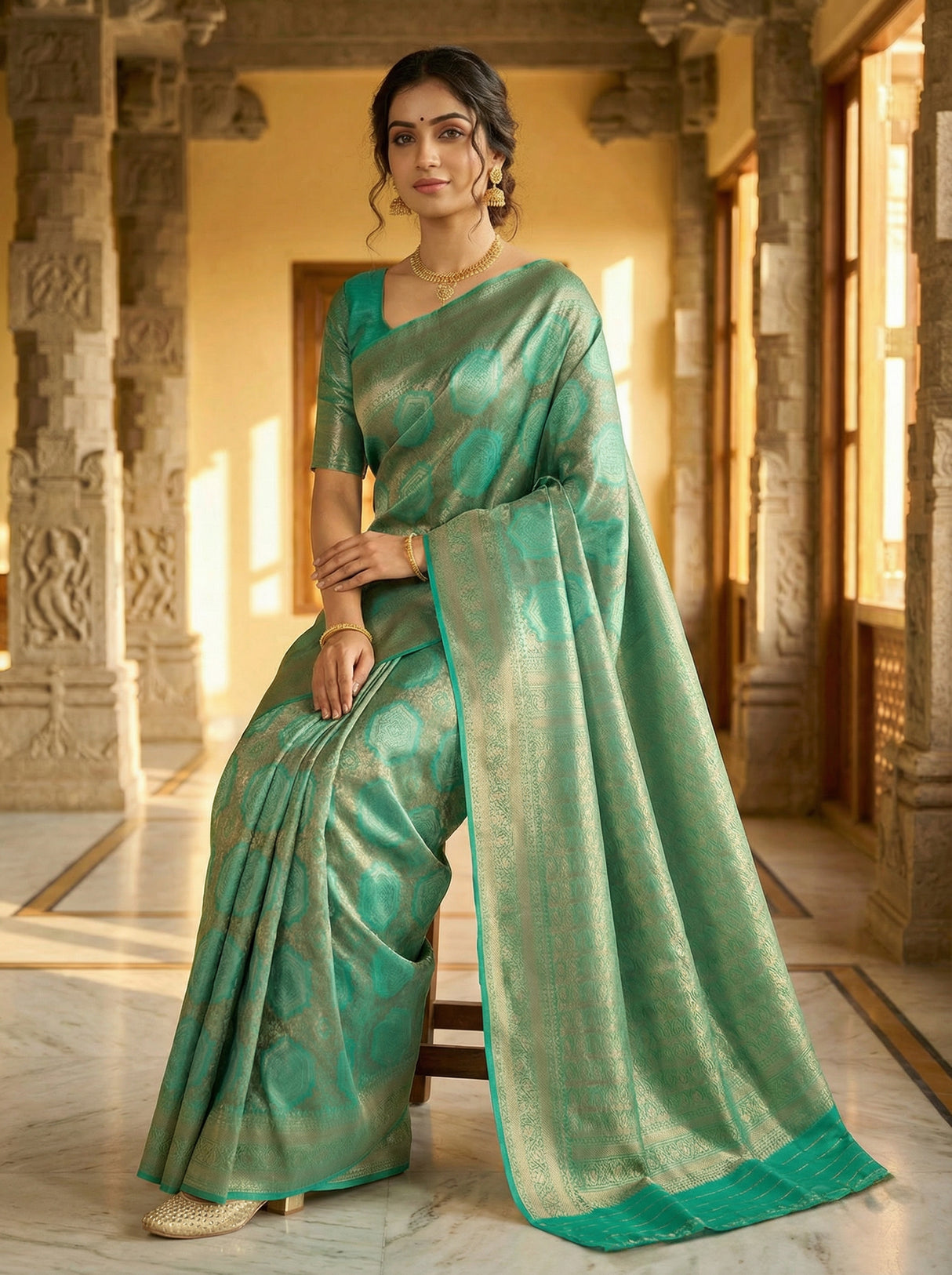 MIMOSA Women's Woven Design Kanjivaram Style Art Silk  Saree with Blouse Piece - Rama ( SA00002246RMFREE )