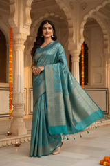 MIMOSA Women's Woven Design Kanjivaram Style Art Silk  Saree with Blouse Piece - Saffire ( SA00002246SFFREE )