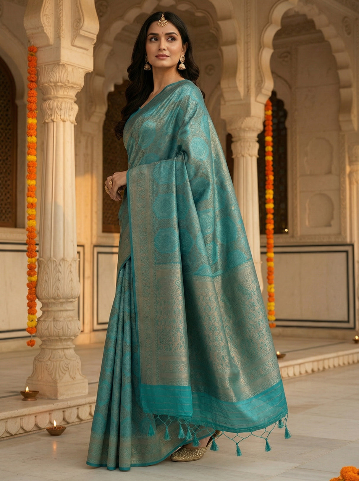 MIMOSA Women's Woven Design Kanjivaram Style Art Silk  Saree with Blouse Piece - Saffire ( SA00002246SFFREE )
