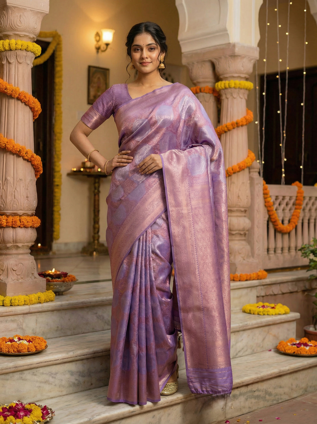 MIMOSA Women's Woven Design Kanjivaram Style Art Silk  Saree with Blouse Piece - Violet ( SA00002246VLFREE )