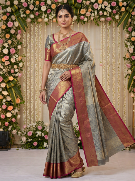 MIMOSA Women's Woven Design Kanjivaram Style Art Silk Saree with Blouse Piece - Navy Blue (SA00002446NVFREE)