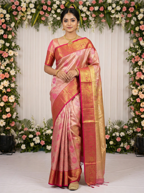 MIMOSA Women's Woven Design Kanjivaram Style Art Silk Saree with Blouse Piece - Rani Pink (SA00002476RNFREE)