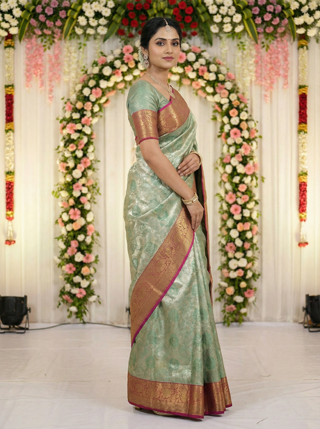 MIMOSA Women's Woven Design Kanjivaram Style Art Silk Saree with Blouse Piece - Rama (SA00002476RMFREE)