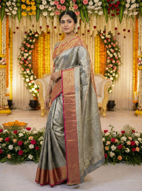 MIMOSA Women's Woven Design Kanjivaram Style Art Silk Saree with Blouse Piece - Navy Blue (SA00002476NVFREE)