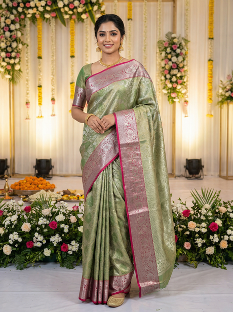 MIMOSA Women's Woven Design Kanjivaram Style Art Silk Saree with Blouse Piece - Green (SA00002476GRNFREE)