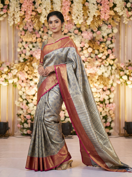 MIMOSA Women's Woven Design Kanjivaram Style Art Silk Saree with Blouse Piece - Navy Blue (SA00002477NVFREE)