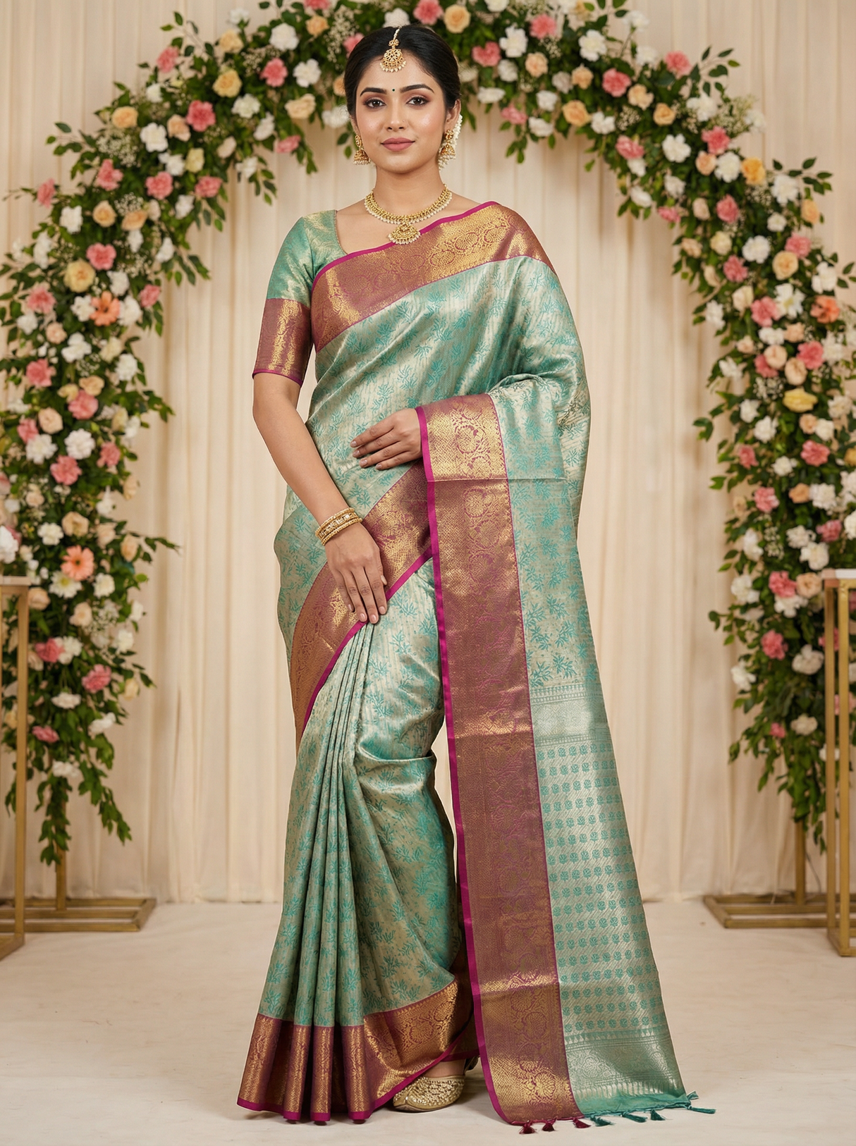 MIMOSA Women's Woven Design Kanjivaram Style Art Silk Saree with Blouse Piece - Rama (SA00002477RMFREE)