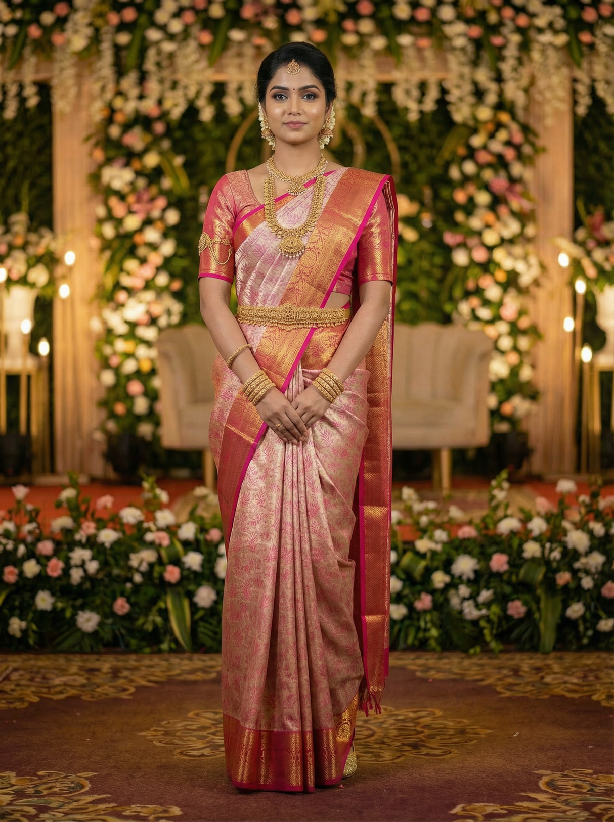 MIMOSA Women's Woven Design Kanjivaram Style Art Silk Saree with Blouse Piece - Rani Pink (SA00002477RNFREE)