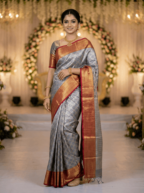 MIMOSA Women's Woven Design Kanjivaram Style Art Silk Saree with Blouse Piece - Navy Blue (SA00002734NVFREE)