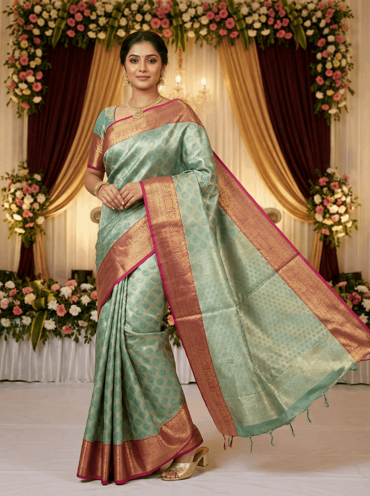 MIMOSA Women's Woven Design Kanjivaram Style Art Silk Saree with Blouse Piece - Rama (SA00002734RMFREE)