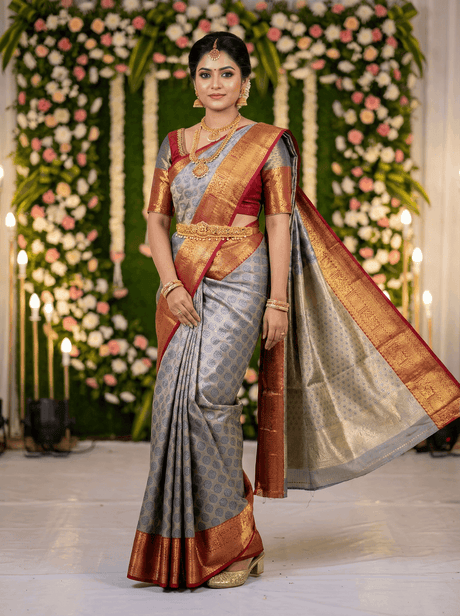 MIMOSA Women's Woven Design Kanjivaram Style Art Silk Saree with Blouse Piece - Navy Blue (SA00002734NVFREE)