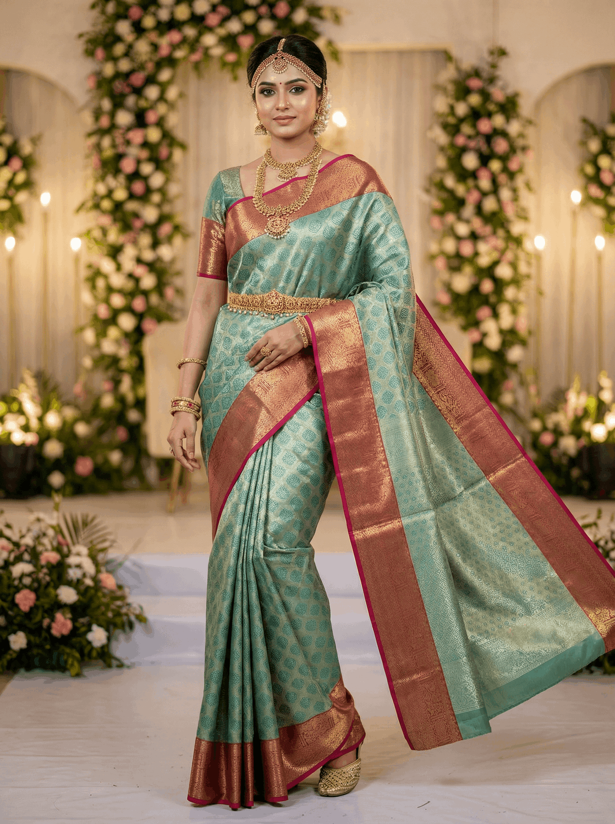 MIMOSA Women's Woven Design Kanjivaram Style Art Silk Saree with Blouse Piece - Rama (SA00002734RMFREE)