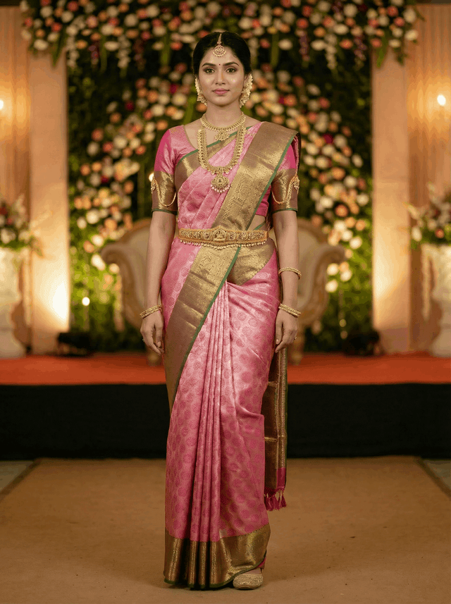 MIMOSA Women's Woven Design Kanjivaram Style Art Silk Saree with Blouse Piece - Rani Pink (SA00002734RNFREE)