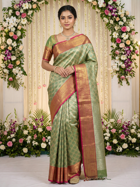 MIMOSA Women's Woven Design Kanjivaram Style Art Silk Saree with Blouse Piece - Green (SA00002734GRNFREE)