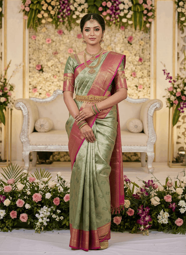 MIMOSA Women's Woven Design Kanjivaram Style Art Silk Saree with Blouse Piece - Green (SA00002804GRNFREE)