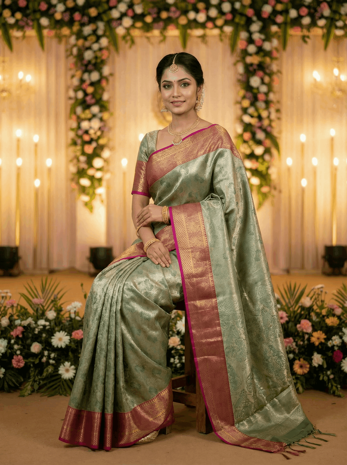 MIMOSA Women's Woven Design Kanjivaram Style Art Silk Saree with Blouse Piece - Green (SA00002804GRNFREE)