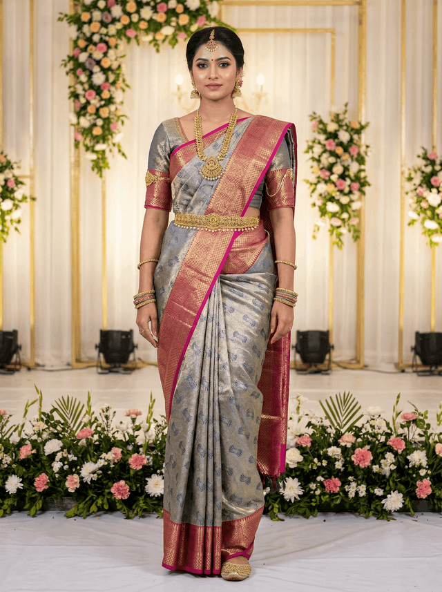 MIMOSA Women's Woven Design Kanjivaram Style Art Silk Saree with Blouse Piece - Navy Blue (SA00002804NVFREE)