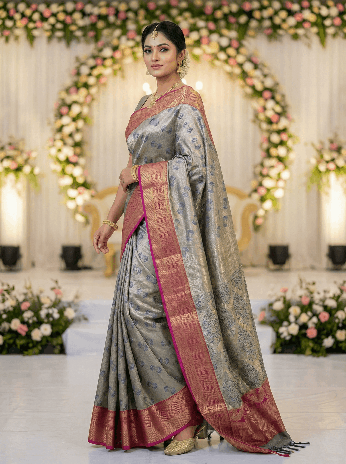 MIMOSA Women's Woven Design Kanjivaram Style Art Silk Saree with Blouse Piece - Navy Blue (SA00002804NVFREE)