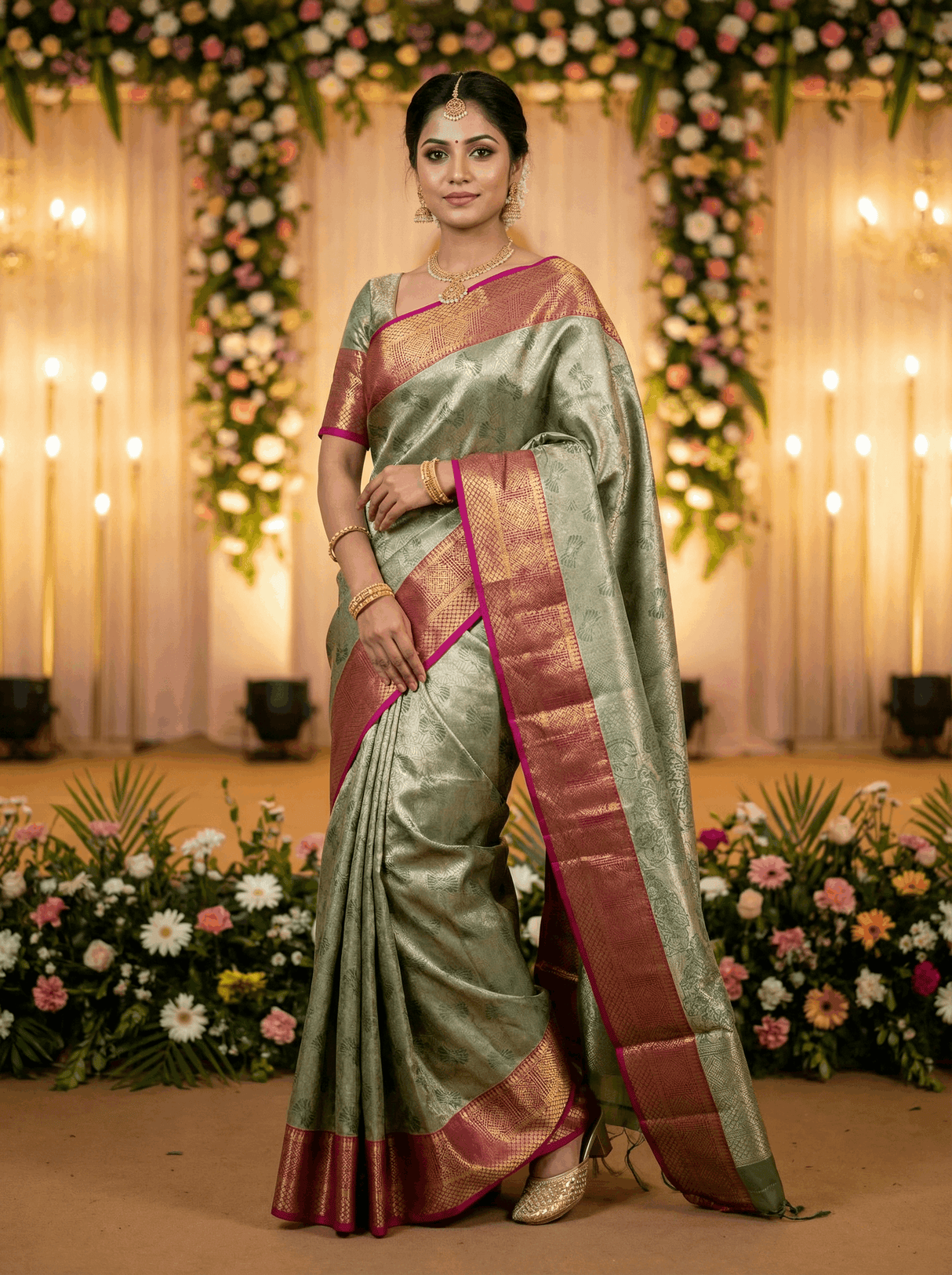 MIMOSA Women's Woven Design Kanjivaram Style Art Silk Saree with Blouse Piece - Green (SA00002804GRNFREE)