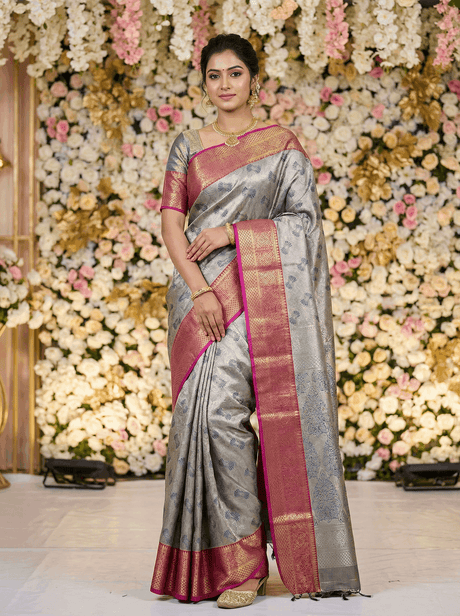 MIMOSA Women's Woven Design Kanjivaram Style Art Silk Saree with Blouse Piece - Navy Blue (SA00002804NVFREE)