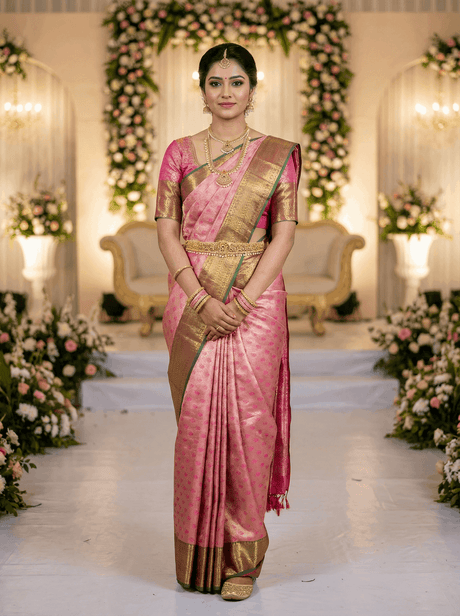 MIMOSA Women's Woven Design Kanjivaram Style Art Silk Saree with Blouse Piece - Rani Pink (SA00002866RNFREE)