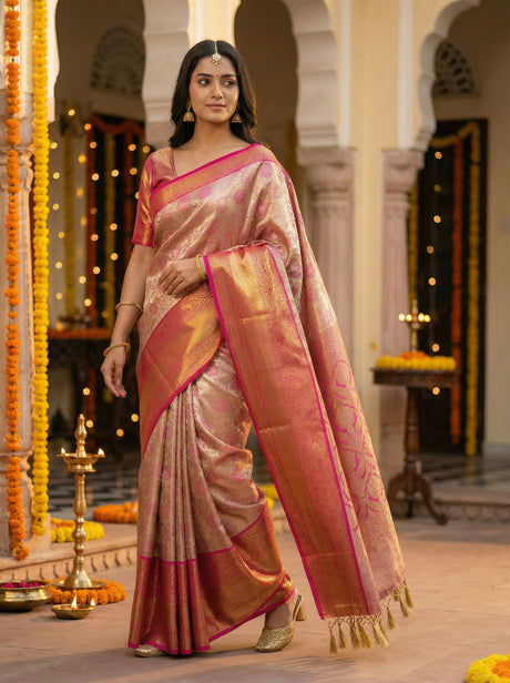 MIMOSA Women's Woven Design Kanjivaram Style Tissue Art Silk  Saree with Blouse Piece - Gajjari ( SA00002922GJFREE )