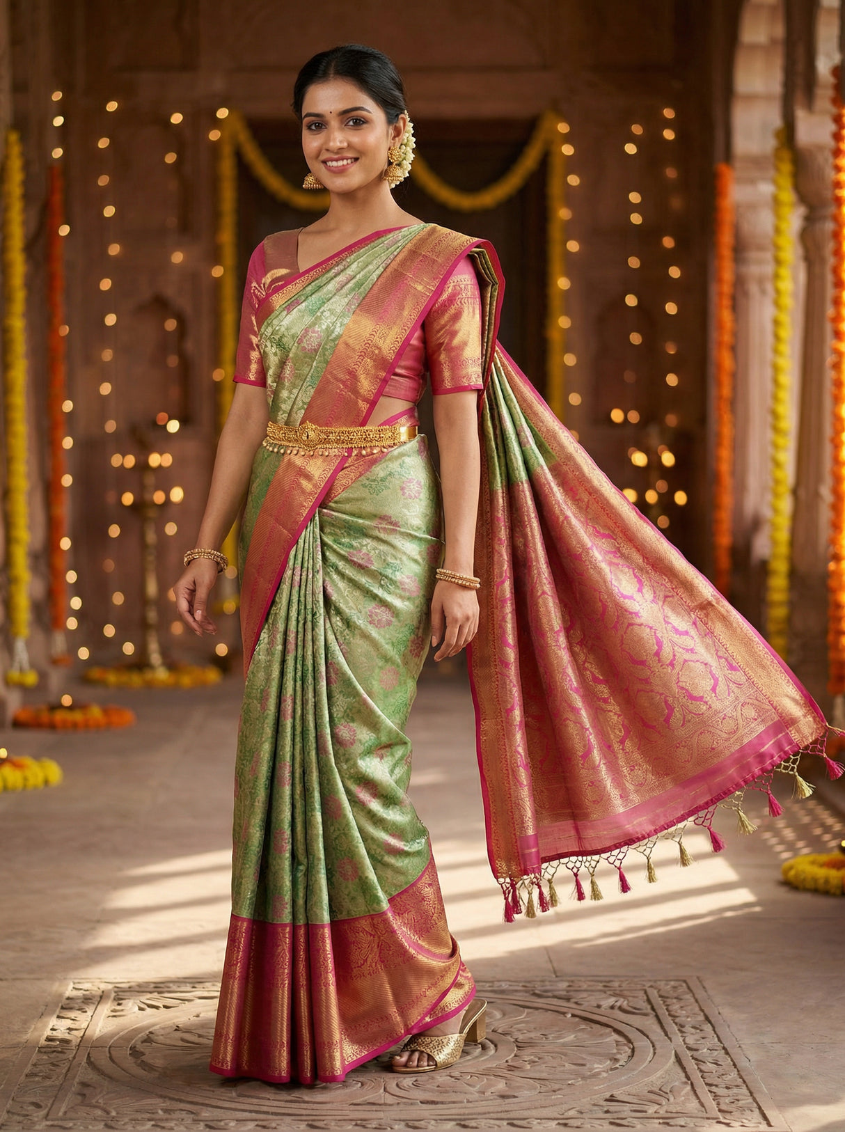MIMOSA Women's Woven Design Kanjivaram Style Tissue Art Silk  Saree with Blouse Piece - Green ( SA00002922GRNFREE )