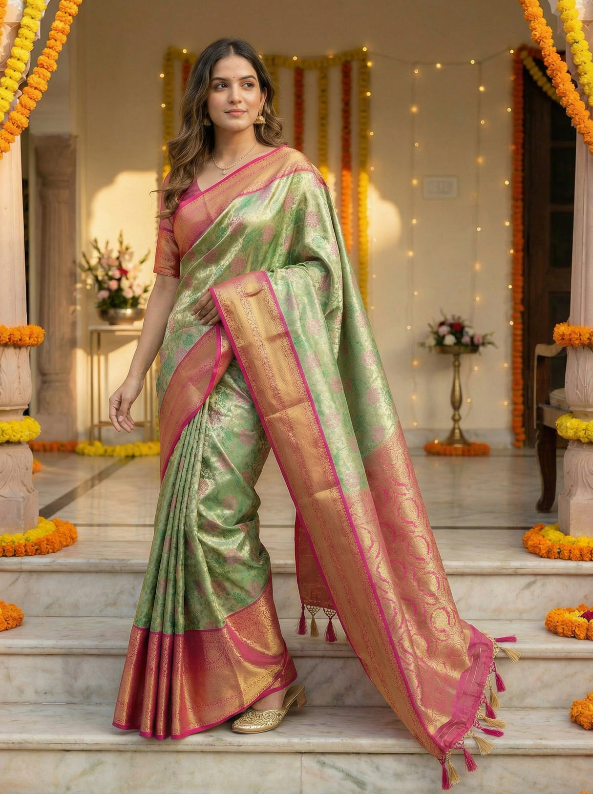 MIMOSA Women's Woven Design Kanjivaram Style Tissue Art Silk  Saree with Blouse Piece - Green ( SA00002922GRNFREE )