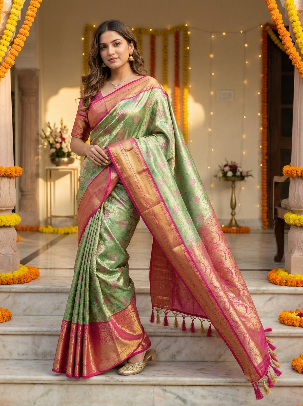 MIMOSA Women's Woven Design Kanjivaram Style Tissue Art Silk  Saree with Blouse Piece - Green ( SA00002922GRNFREE )