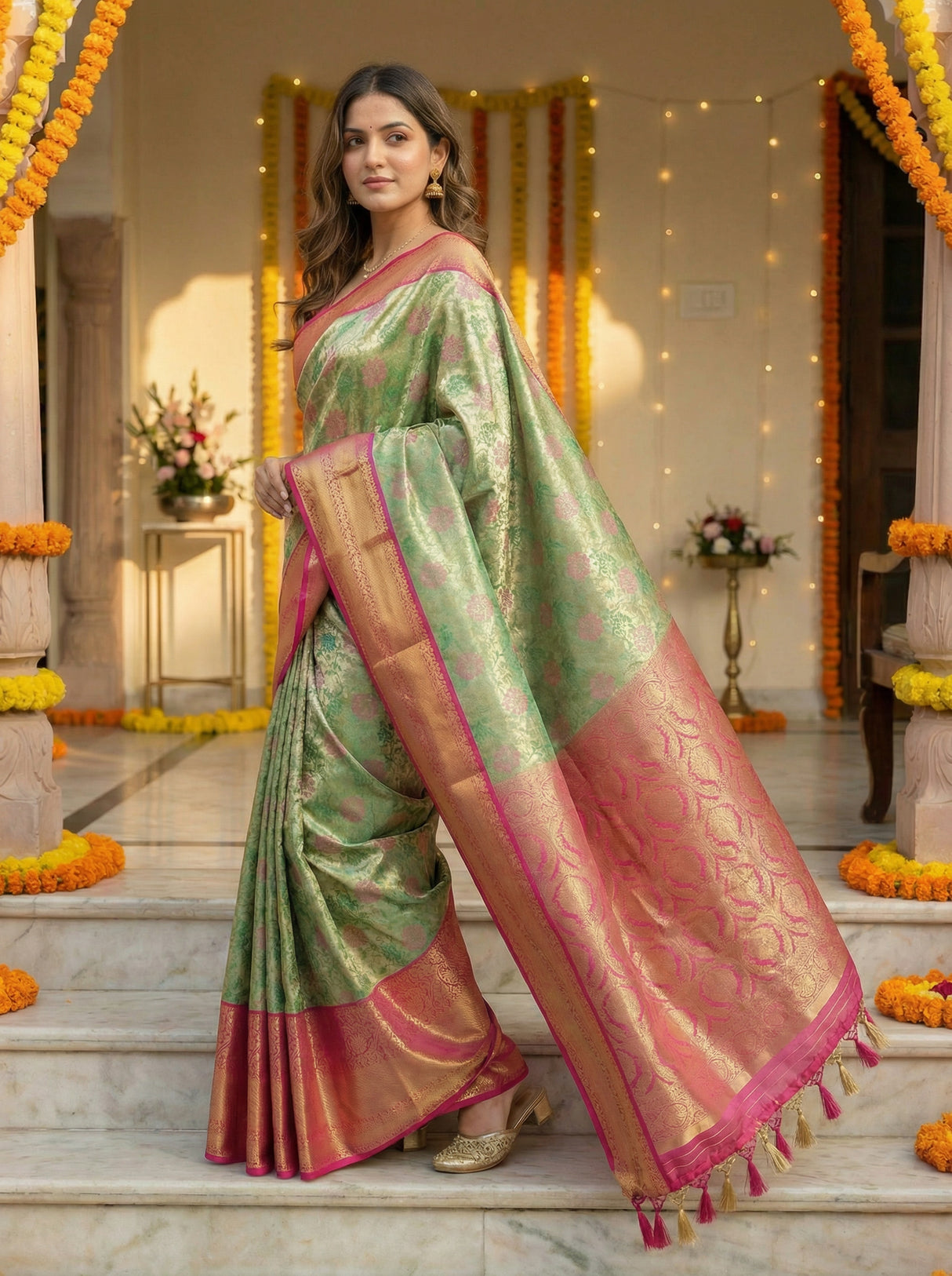 MIMOSA Women's Woven Design Kanjivaram Style Tissue Art Silk  Saree with Blouse Piece - Green ( SA00002922GRNFREE )