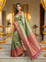 MIMOSA Women's Woven Design Kanjivaram Style Tissue Art Silk  Saree with Blouse Piece - Green ( SA00002922GRNFREE )
